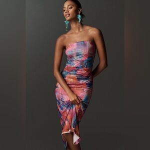 Anthropologie Multicolor The Soleil Slim Strapless Ruched Mesh Midi Dress Pink M